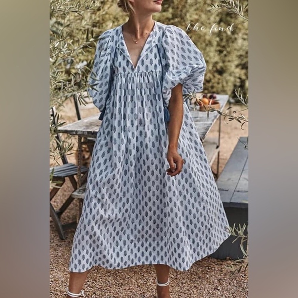 Light Blue Printed V-Neck Maxi Dress